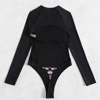 Long Sleeve Backless T-back Light Diamond One-piece Swimsuit