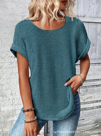 Womens Simple Versatile Lace-Patchwork Crew-Neck Short-Sleeve Top