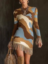Round-neck Knitted Tassel Bodycon Dress With Digital Print
