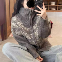Casual Retro Lapel Double Zipper Knitted Cardigan