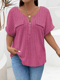 Solid-color Plus-size Top With Zipper Short Sleeves And Faux Pockets