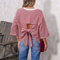 Womens Crew-Neck Striped Knitted Top With Back Tie Bow