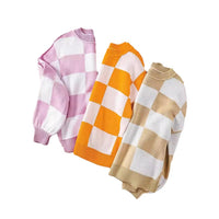 Contrast Color Checkerboard Loose And Lazy Style Stitching Sweater