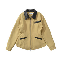 Retro Lapels Contrast Color Waist-tight Motorcycle Slim-fit Leather Coat Zipper Jacket