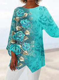 Casual Loose Round Neck Irregular Hem Printed Long Sleeve Shirt