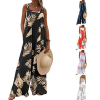 European And American Print Sleeveless Loose Casual Suspender Jumpsuit Wide Leg Pants Women