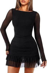 Womens Tight-Fitting Ruffled Mesh Elegant Cocktail Dress