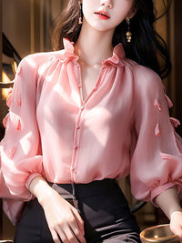 Three-dimensional Petals Solid Color Lantern Sleeve Top Slimming Shirt