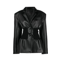 Patchwork Knitted Suit With Super Waisted Silhouette PU Coat