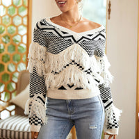 Women's Fashion Plaid V-neck Tassel Sweater