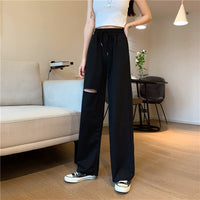 Women's Relaxed-fit Drawstring Design Distressed Wide-leg Trousers