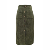 Leisure Commute Elastic Waist Breasted Patch Pocket Mock Fly Straight Mid-length Skirt