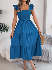 Women's Solid Color Square Neck Ruffle Trim Tie Waist A-Line Maxi Dress
