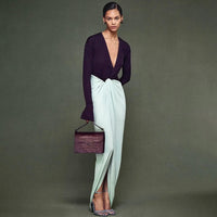 Womens Fashionable Elegant Deep V-Neck Long-Sleeve Slit Dress
