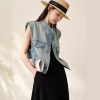 Retro Distressed Shoulder-Padded Denim Waistcoat Women's Irregular Jacket