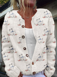 Womens 3D-printed Crew-neck Cardigan A Stylish Knit Outerwear Piece For Fall