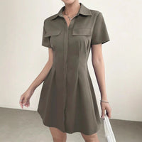 Mid-length Designer-style Pleated Waist-cinched Shirt Dress With A Lapel Collar