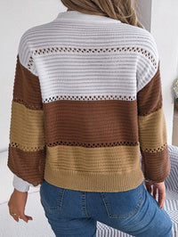 Women Casual Button V-Neck Hollow Out Color Block Lantern Sleeve Pullover Sweater