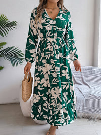Women's Casual Floral Print Tie Waist Long Sleeve Ruffle Dress