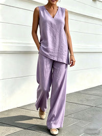 Womens V-neck Sleeveless Cotton-Linen Top And Wide-Leg Pants Set