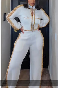 Stylish Relaxed-fit Wide-leg Pants With An Elegant Pearl-accented Set