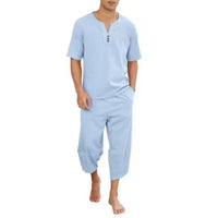Casual V-neck Short-sleeve Top And Loose Cropped Pants Breathable Cotton-linen Athletic Set