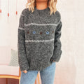 Cute Flowers Embroidery Contrast Color Knitted Pullover For Women