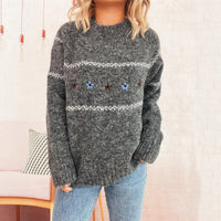 Cute Flowers Embroidery Contrast Color Knitted Pullover For Women