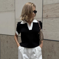 Elegant Commuter Polo-Neck Contrast-Color Loose Knit Top