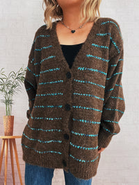 Retro Loose Striped Contrast Color Single-breasted Long Knitted Cardigan Sweater