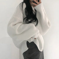 Slit Hemline At Hem Loose Sweater Round Neck Pullover Top Women