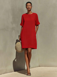 Round-neck Dress With Rolled-up Cuffs