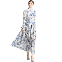 Arrival Stand Collar Ink-Printed Slim-fit Figure-flattering Long-sleeve Shirt Dress