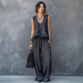 V-neck Sleeveless Ruffled Hem Dark Gray Casual Set