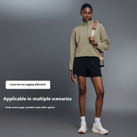 Half Zipped Stand Collar Short Sports Casual Loose Shoulder Long-sleeved Sweater