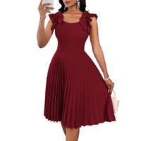 Womens Solid-Color Ruffle-Sleeve Square-Neck Pleated Dress