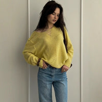 V-neck Long Sleeve Thin Loose Top Elegant Atmosphere Blouse