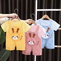 Summer New Boys' And Girls' Striped Round Neck Short Sleeve Suit Animal Suspender Pants Two-piece Suit