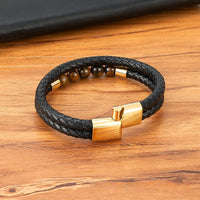 Fashionable All-Match Stainless Steel Genuine Leather Double-Braided Leather Cord Bracelet