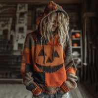 Drop-Shoulder Vintage Womens Printed Loose Hooded Top