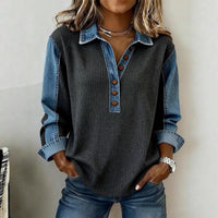 New AutumnWinter European And American Style Denim Patchwork Turn-Down Collar Loose Ribbed Sweater