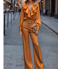 Elegant Polyester Patchwork Long-Sleeve Top And Pants Set