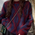 Rhombus Contrast Color Pullover Heavy Industry Sweater For Women