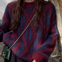 Rhombus Contrast Color Pullover Heavy Industry Sweater For Women