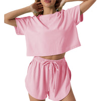 Womens Casual Two-Piece Set Short-Sleeve Top With Elastic Waist Shorts
