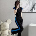 Women's Summer High-End Contrasting Color Short-Sleeve Top And High-Waist Wide-Leg Pants Two-Piece Set