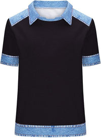 Denim Patchwork Crew Neck Short-sleeve Loose Casual Everyday Versatile