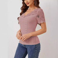 New Fan-shaped Front And Back V-neck Lace Stitching Slim Fit Slimming T-shirt Short Sleeve