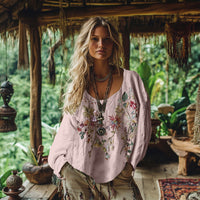 Printed Women's Round Neck Retro Bohemian Top