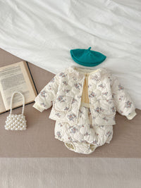 Winter Korean Style Baby Girl Floral Suit Lace Pocket Strap Romper Outwear Warm Two-piece Suit